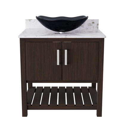 30-inch Novatto bathroom vanity with café mocha quartz countertop and integrated sink, showcasing modern bathroom accessory design.