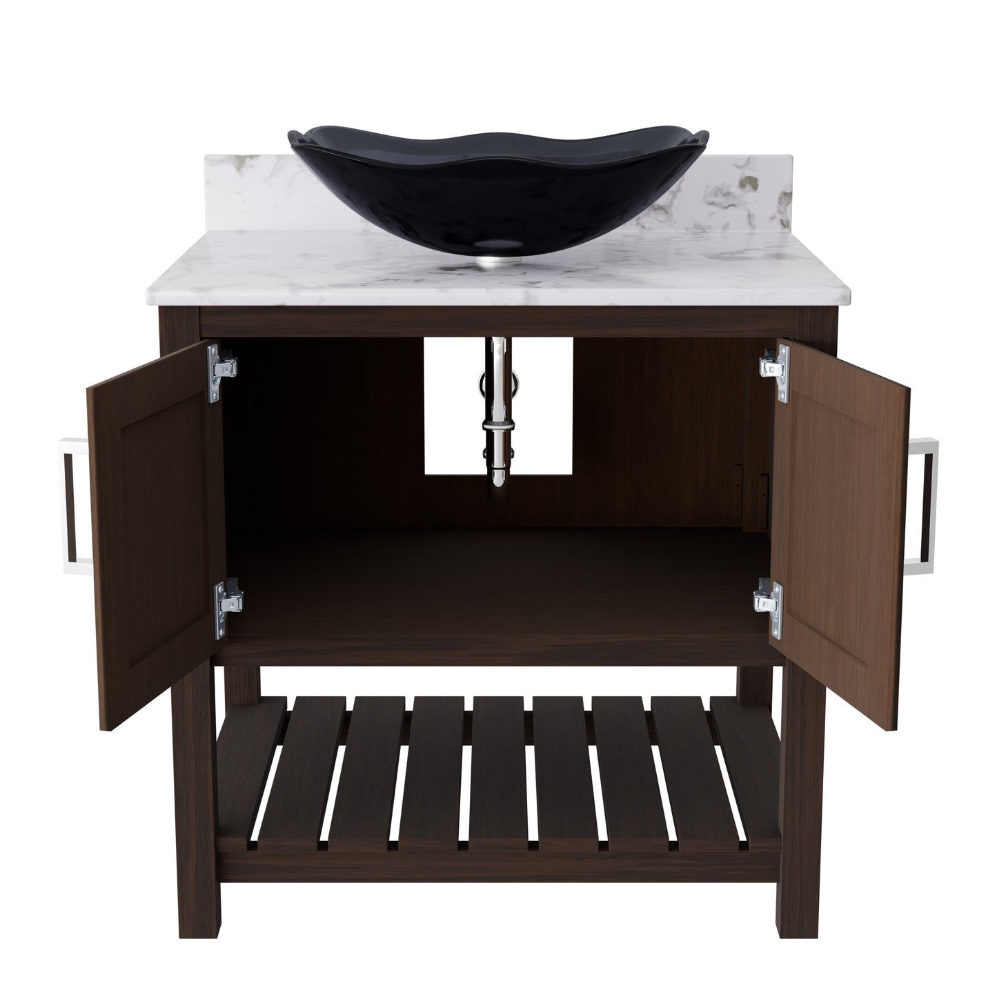 30-inch Novatto bath vanity with café mocha quartz countertop and sink, showcasing a sleek bathroom accessory design.