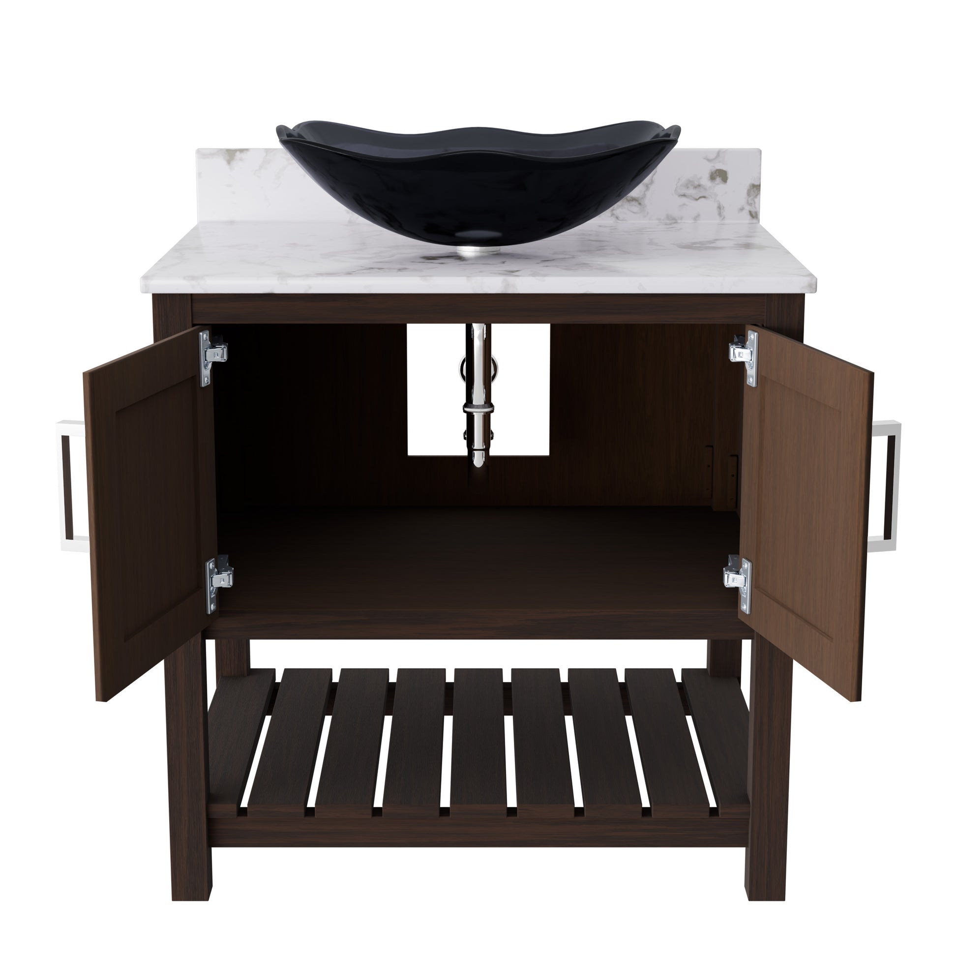 30-inch Novatto bath vanity with café mocha quartz countertop and sink, showcasing a sleek bathroom accessory design.
