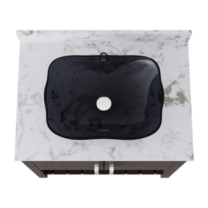 30-inch Novatto bath vanity with café mocha quartz countertop and integrated sink, showcasing modern bathroom accessory design.