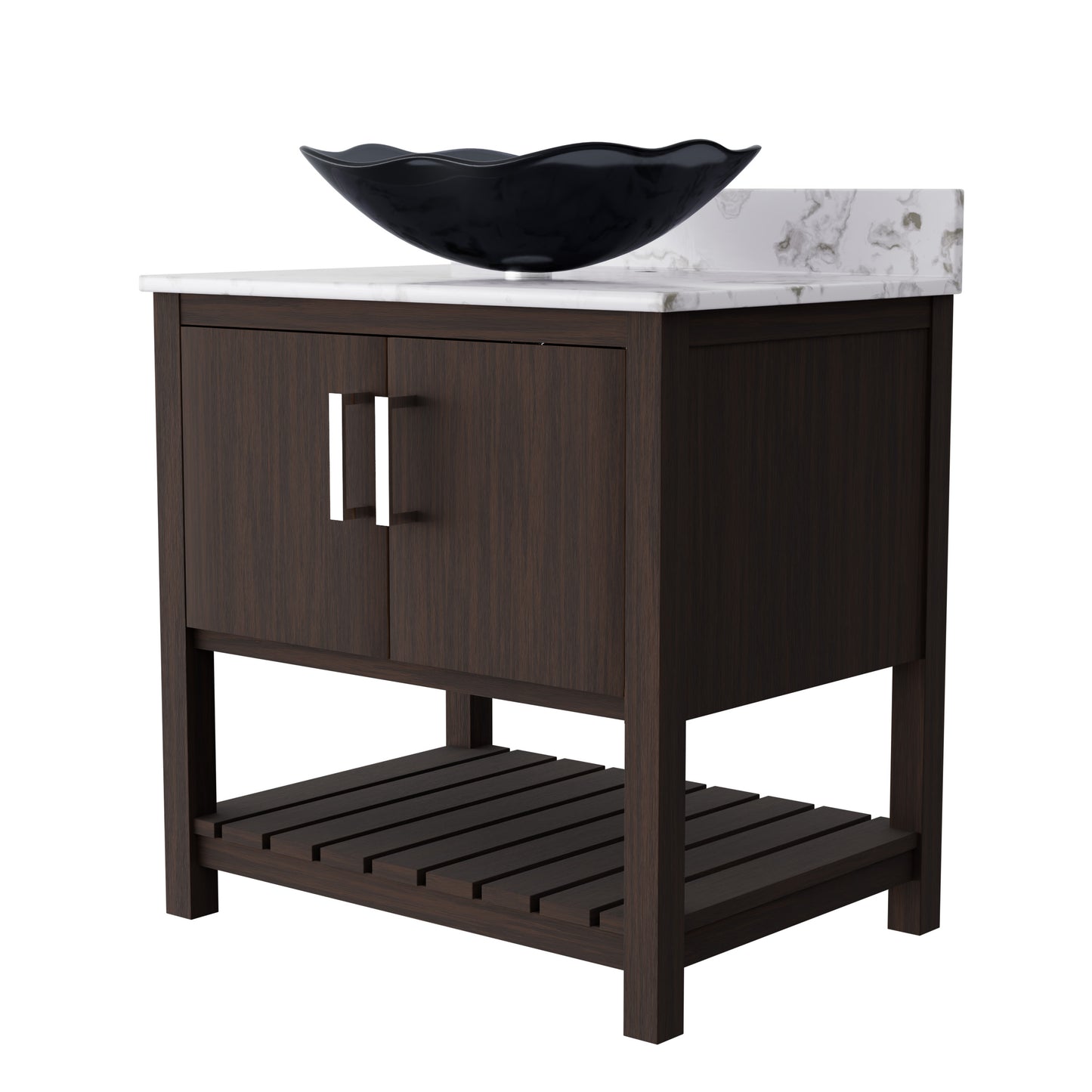 30-inch Novatto bath vanity with café mocha quartz counter and integrated sink, showcasing the elegant bathroom accessory.