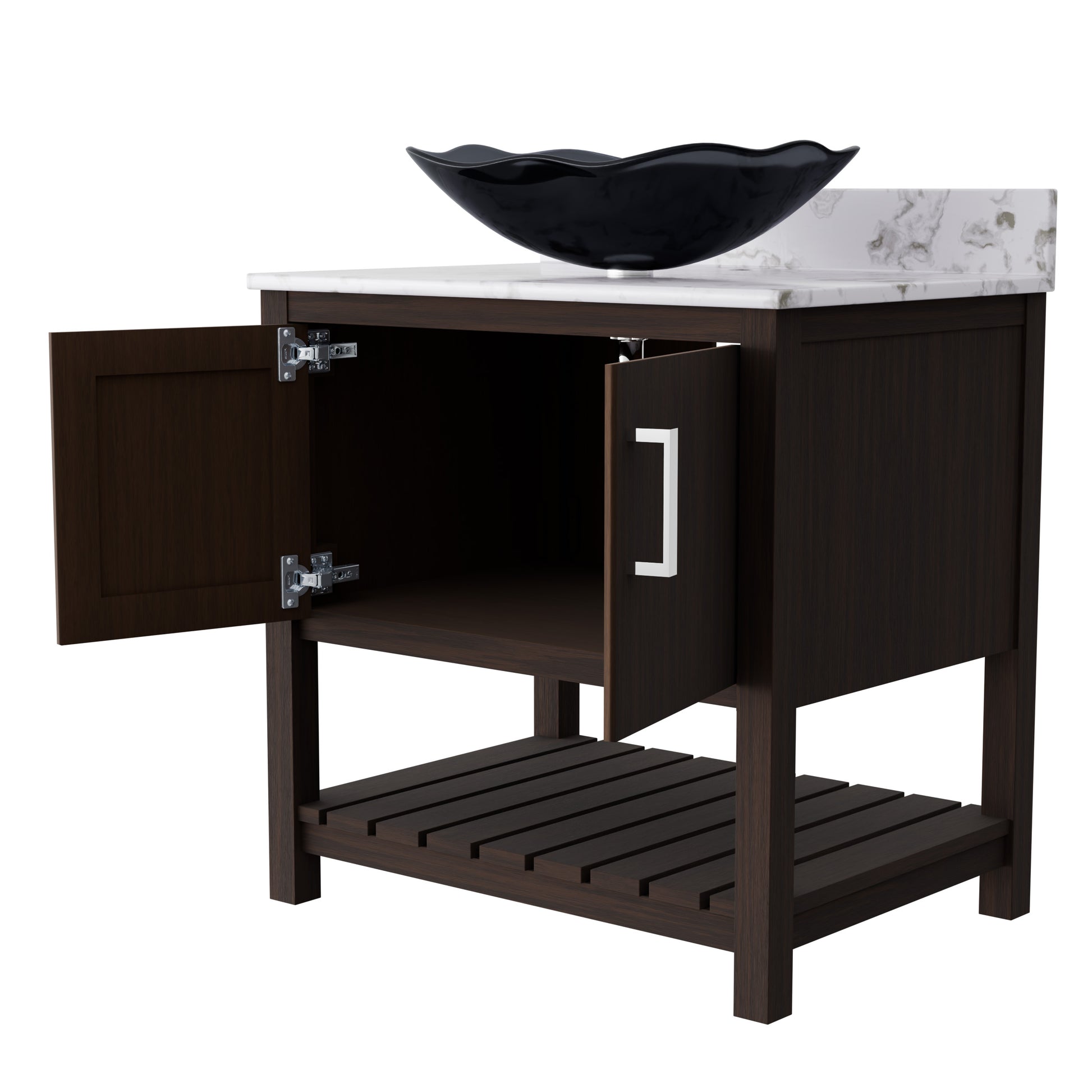 30-inch Novatto bath vanity with café mocha quartz countertop and integrated sink, stylish bathroom accessory with sleek finish