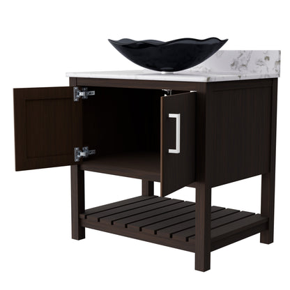 30-inch Novatto bath vanity with café mocha quartz countertop and integrated sink, stylish bathroom accessory with sleek finish