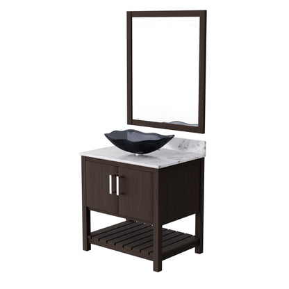 30-inch Novatto bath vanity with café mocha quartz countertop and integrated sink, shown in a modern bathroom setting.