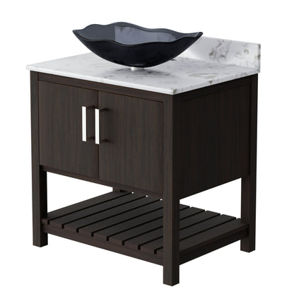 30-inch Novatto bath vanity with café mocha quartz counter and integrated sink, showcasing sleek bathroom accessory design.