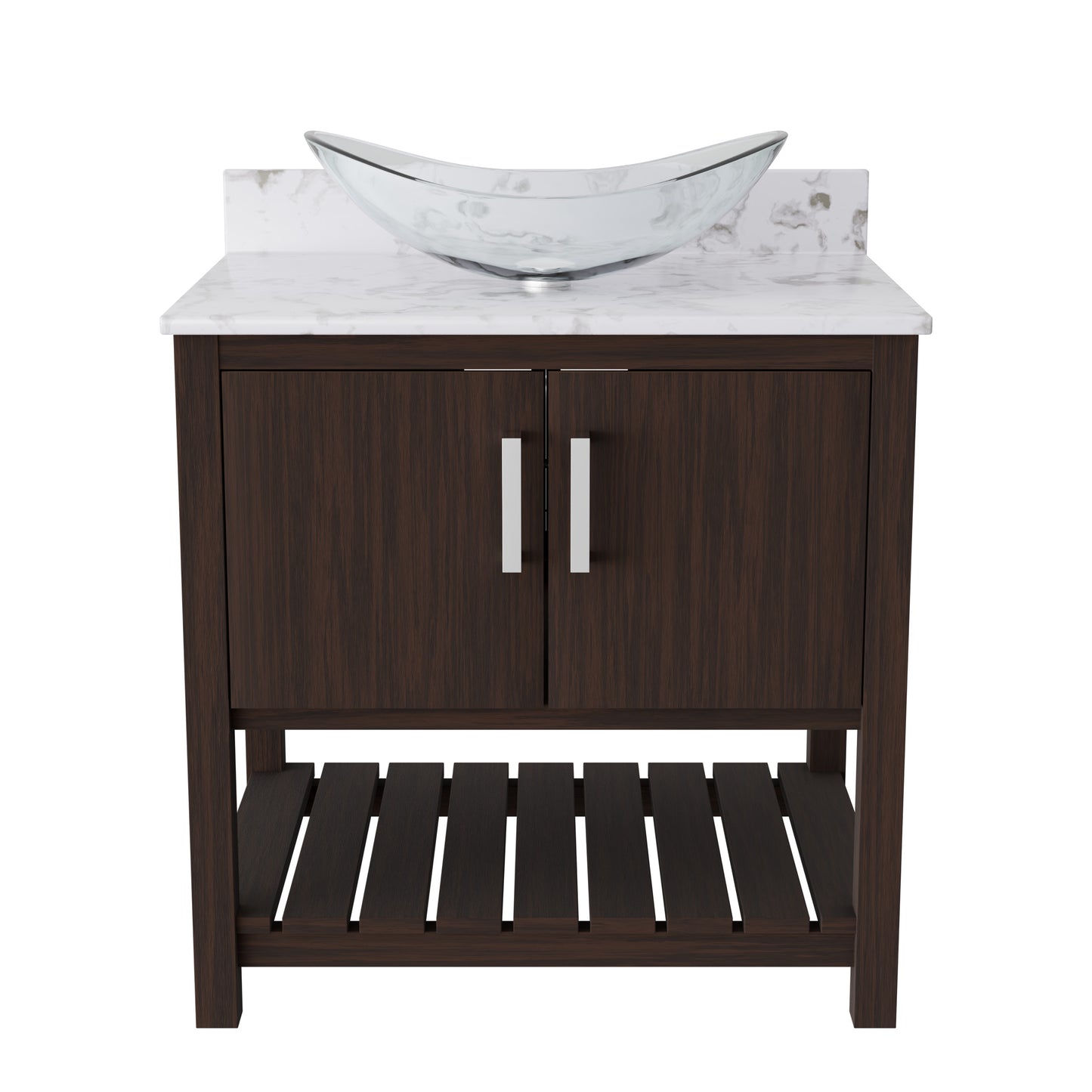30-inch Novatto bath vanity with cafe mocha quartz countertop and integrated sink, showcasing the sleek bathroom accessory.