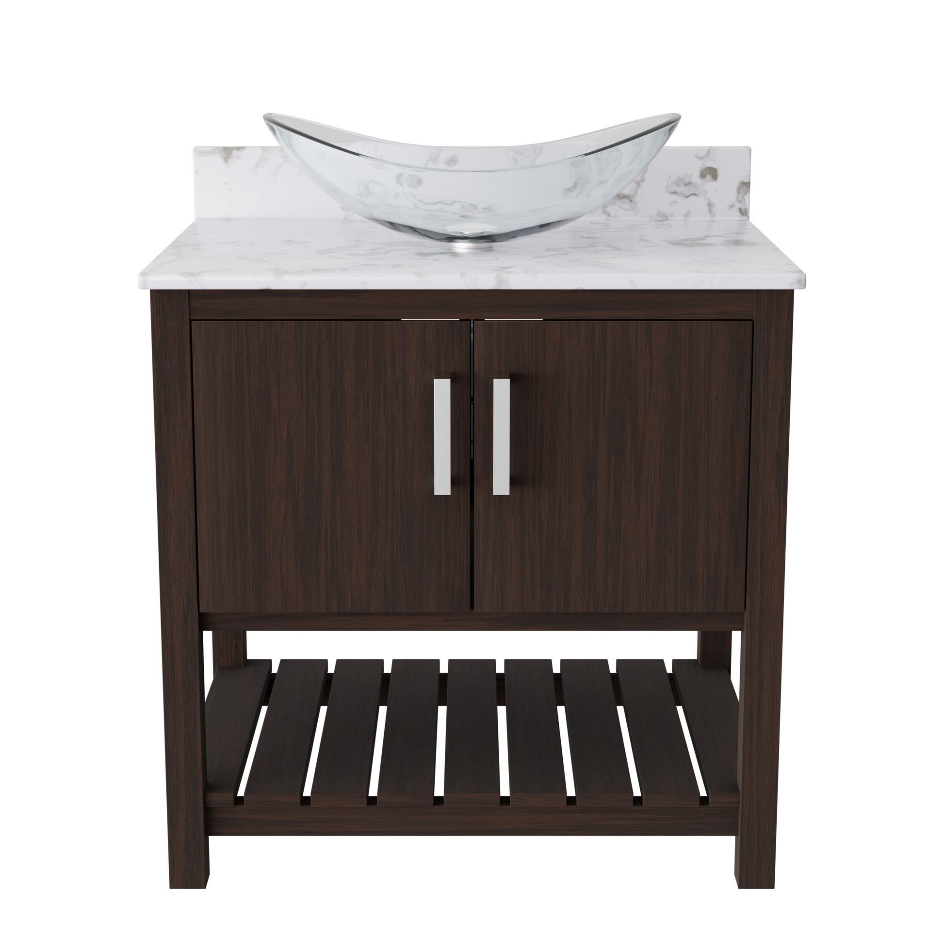 30-inch Novatto bath vanity with cafe mocha quartz countertop and integrated sink, showcasing the sleek bathroom accessory.