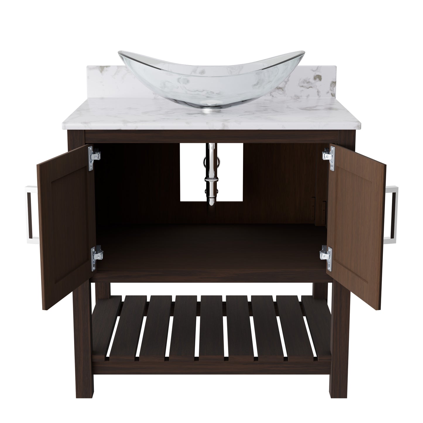 30-inch Novatto bath vanity with cafe mocha quartz countertop and sink, modern bathroom accessory with sleek design