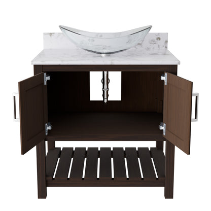 30-inch Novatto bath vanity with cafe mocha quartz countertop and sink, modern bathroom accessory with sleek design