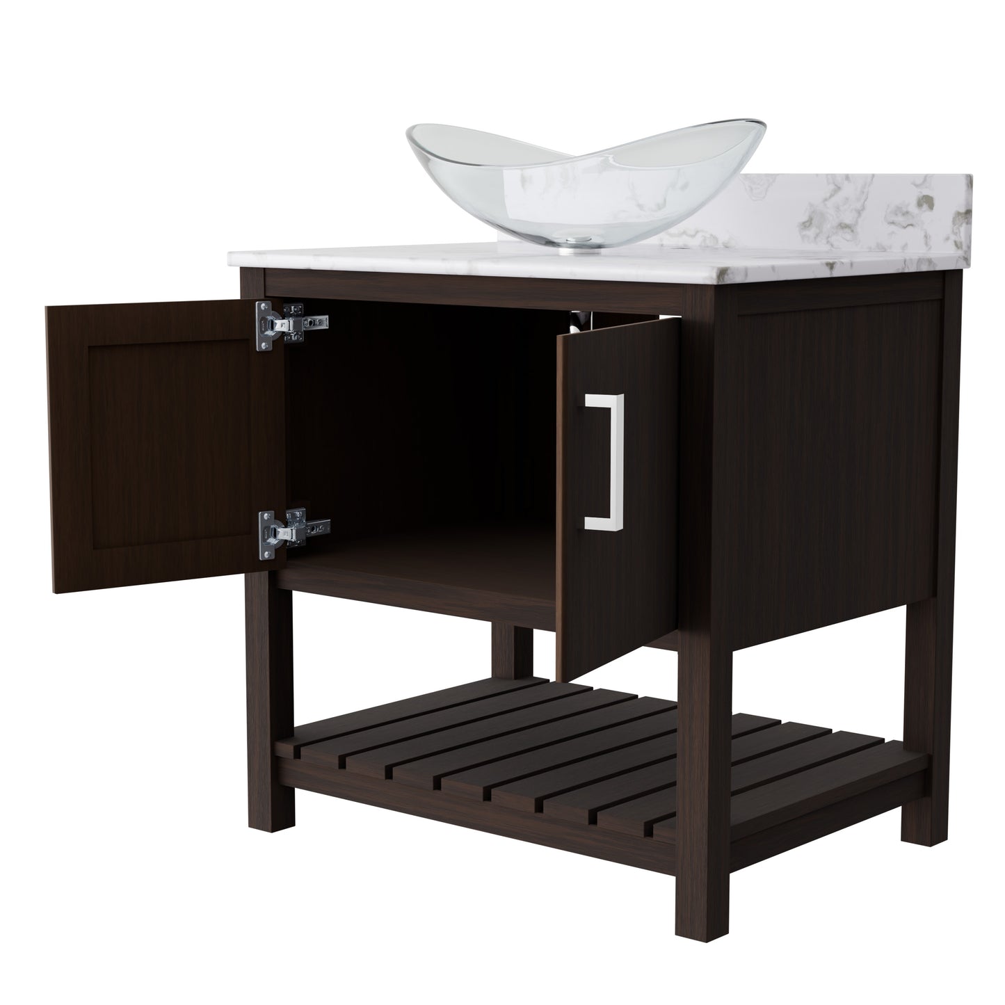 30-inch Novatto bath vanity with cafe mocha quartz countertop and sink, showcasing sleek design and modern bathroom accessory.
