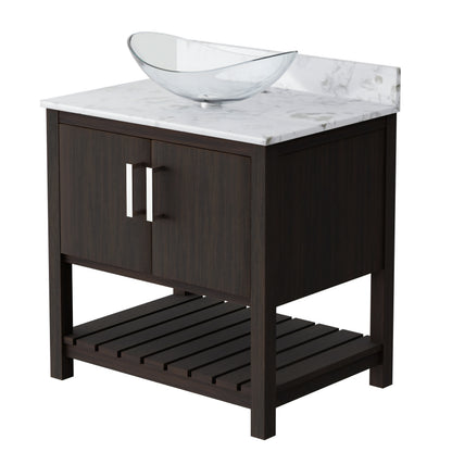 30-inch Novatto bath vanity with cafe mocha quartz countertop and sink, showcasing modern bathroom accessory design.