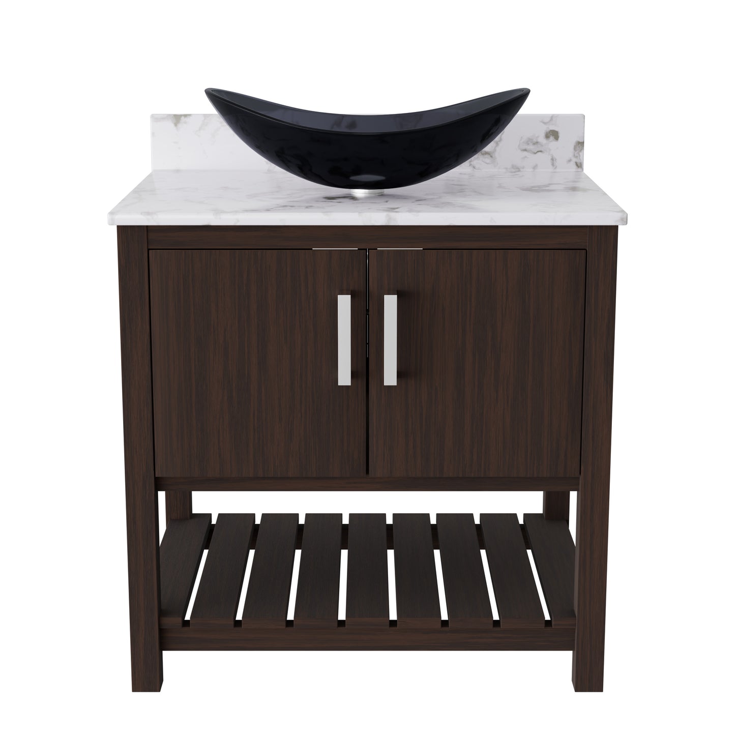 30-inch Novatto bath vanity with café mocha quartz counter and sink, showcasing the sleek design and smooth finish.