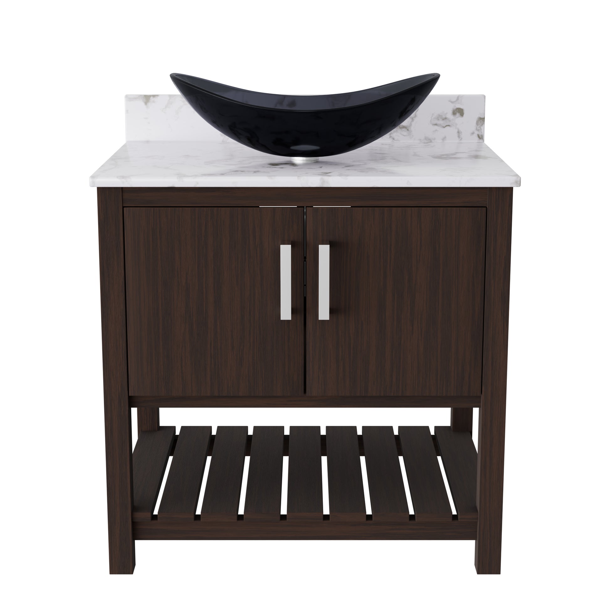 30-inch Novatto bath vanity with café mocha quartz counter and sink, showcasing the sleek design and smooth finish.