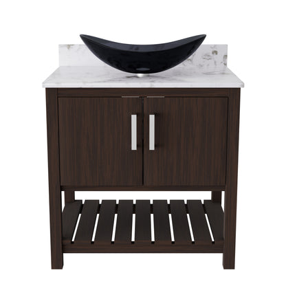 30-inch Novatto bath vanity with café mocha quartz counter and sink, showcasing the sleek design and smooth finish.