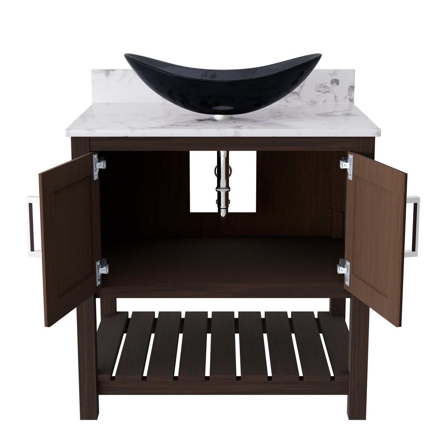 30-inch Novatto bath vanity with café mocha quartz countertop and integrated sink, showcasing sleek bathroom accessory design.