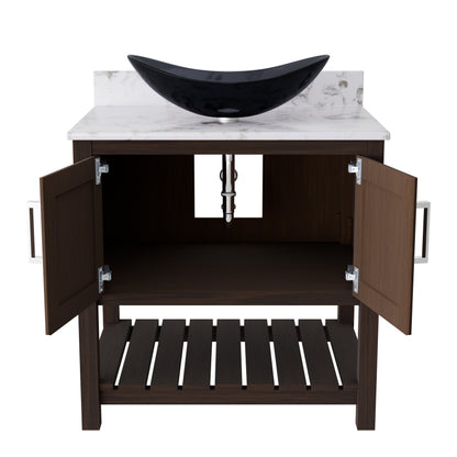 30-inch Novatto bath vanity with café mocha quartz countertop and integrated sink, showcasing sleek bathroom accessory design.