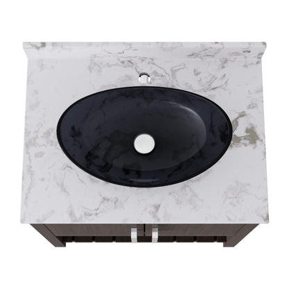30-inch Novatto bath vanity with café mocha quartz countertop and integrated sink, showcasing sleek bathroom accessory design.