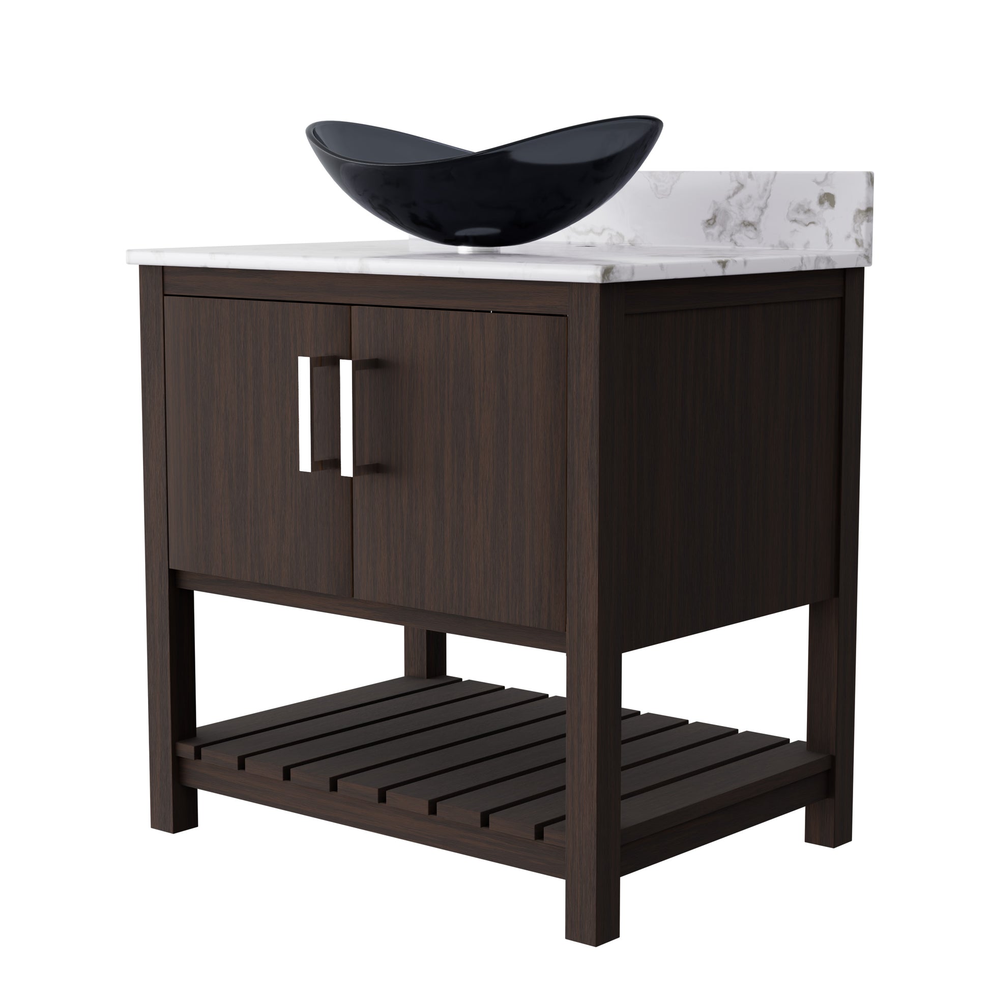 Novatto 30-inch bathroom vanity with café mocha quartz countertop and integrated sink, modern bathroom accessory.