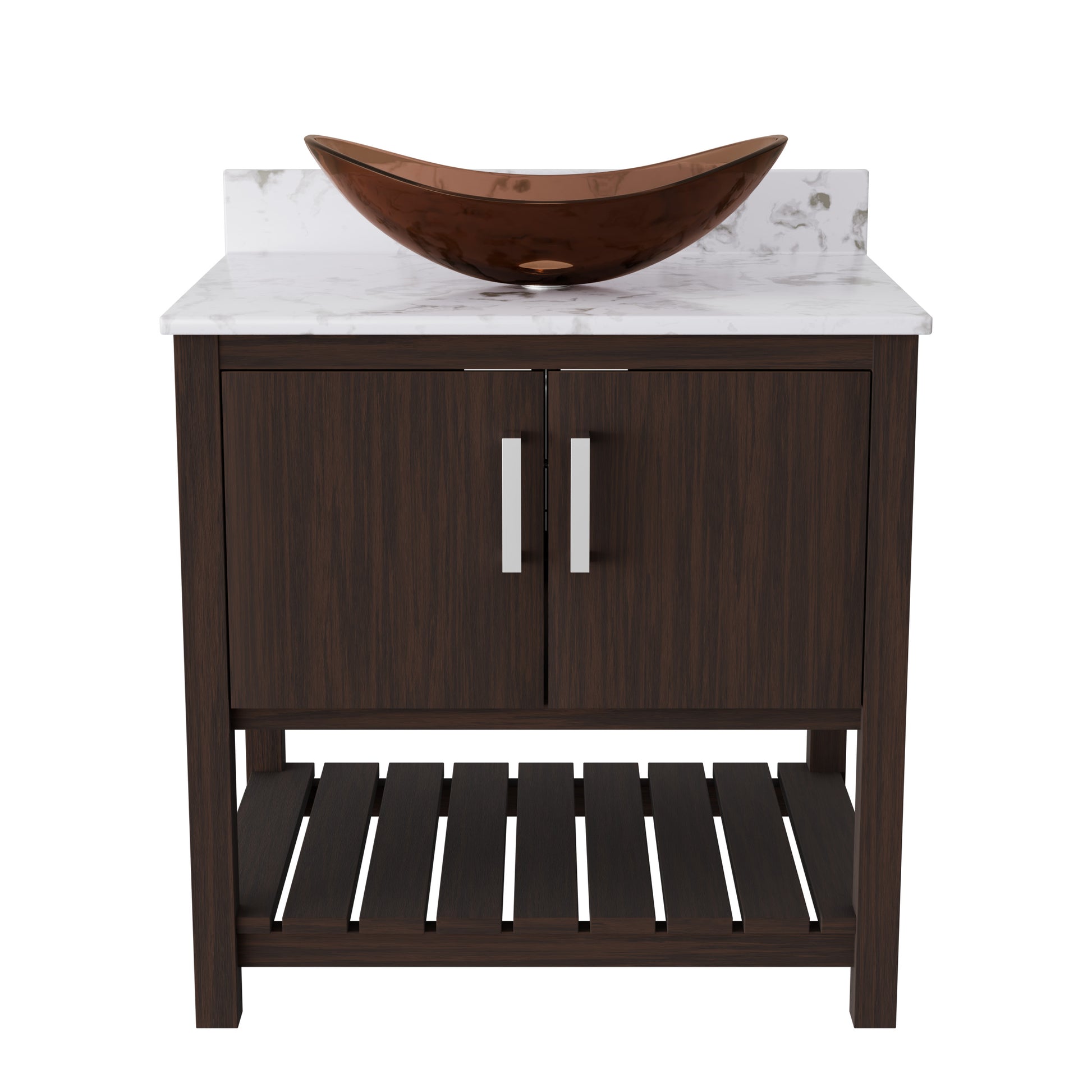 30-inch Novatto bath vanity with café mocha quartz countertop and integrated sink, showcasing the elegant accessory design.