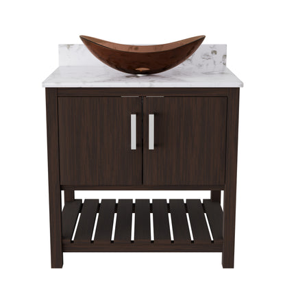 30-inch Novatto bath vanity with café mocha quartz countertop and integrated sink, showcasing the elegant accessory design.