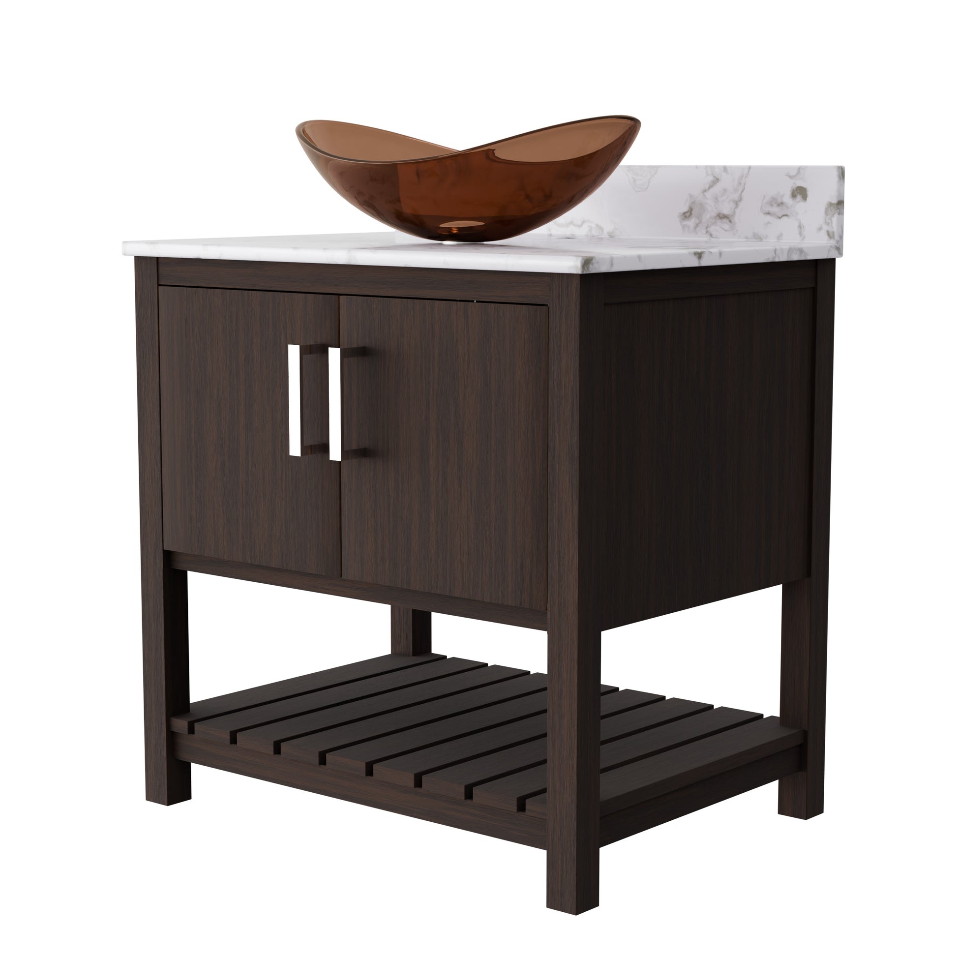 30-inch Novatto bath vanity with café mocha quartz countertop and sink, showcasing a sleek bathroom accessory design.