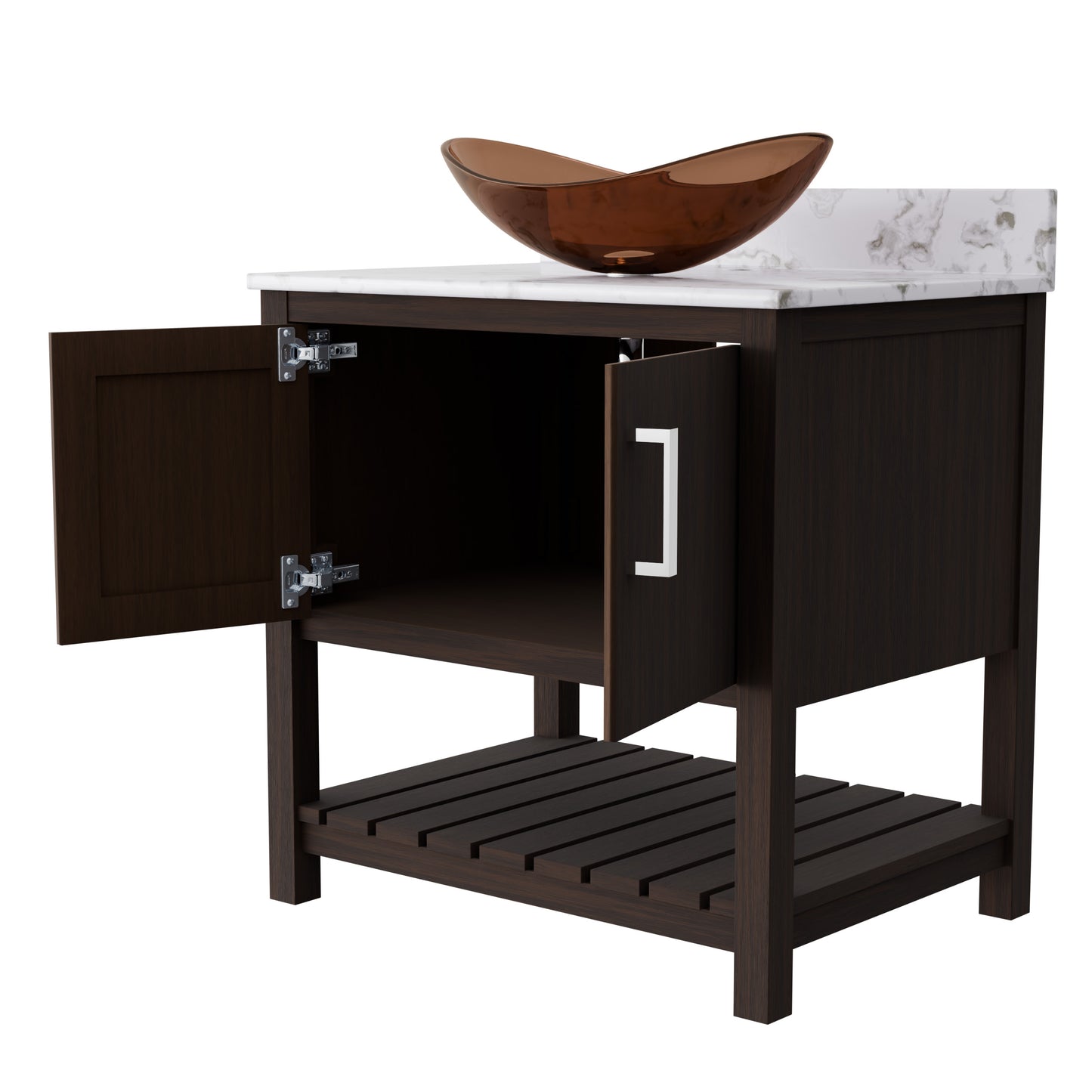 30-inch Novatto bath vanity with café mocha quartz counter and sink, showcasing sleek bathroom accessory design.