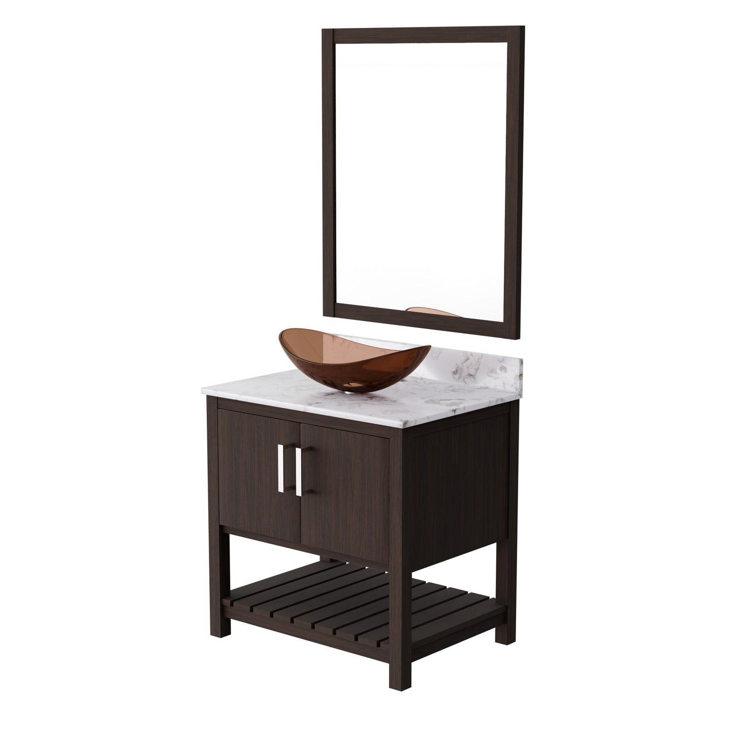 Novatto 30-inch bath vanity with café mocha quartz countertop and sink, showcasing the elegant bathroom accessory design.
