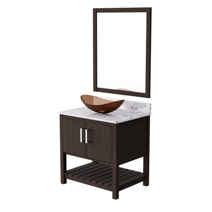 Novatto 30-inch bath vanity with café mocha quartz countertop and sink, showcasing the elegant bathroom accessory design.