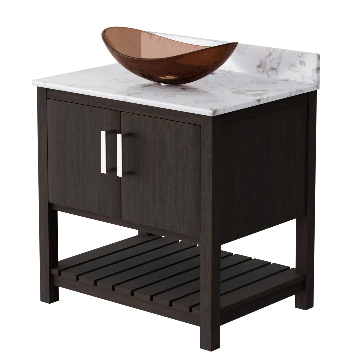 30-inch Novatto bath vanity with café mocha quartz countertop and sink, showcasing modern bathroom accessory design.