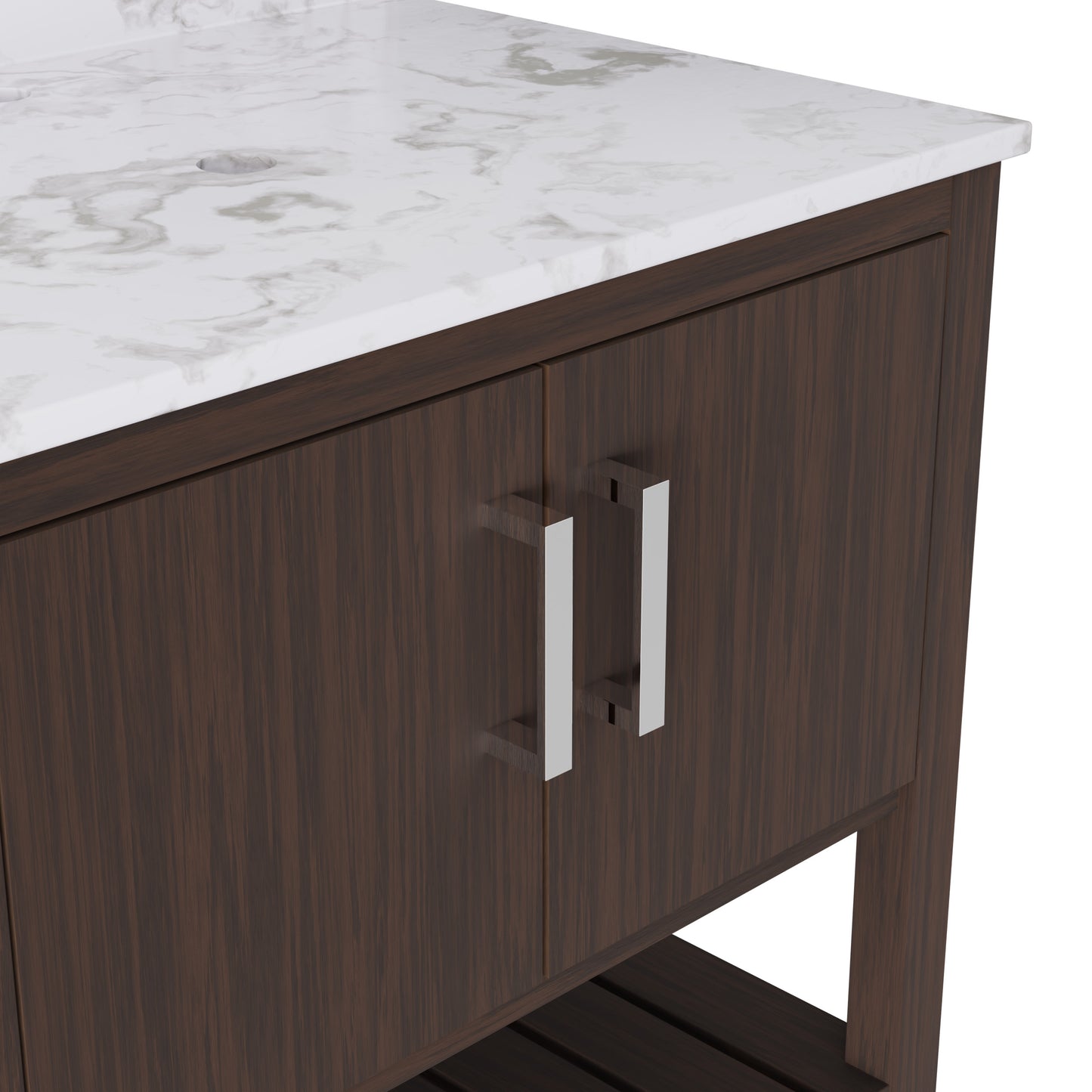 30-inch Novatto vanity with Café Mocha quartz countertop, showcasing its sleek design and polished surface.