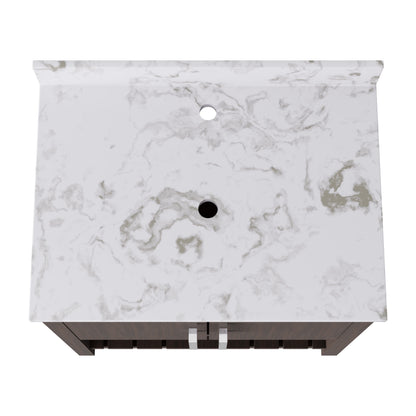 30-inch Novatto vanity with café mocha quartz countertop, showcasing sleek bathroom accessory design and smooth surface finish.
