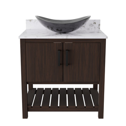 30-inch Novatto bath vanity with café mocha quartz countertop and sink, featuring a modern bathroom accessory design.