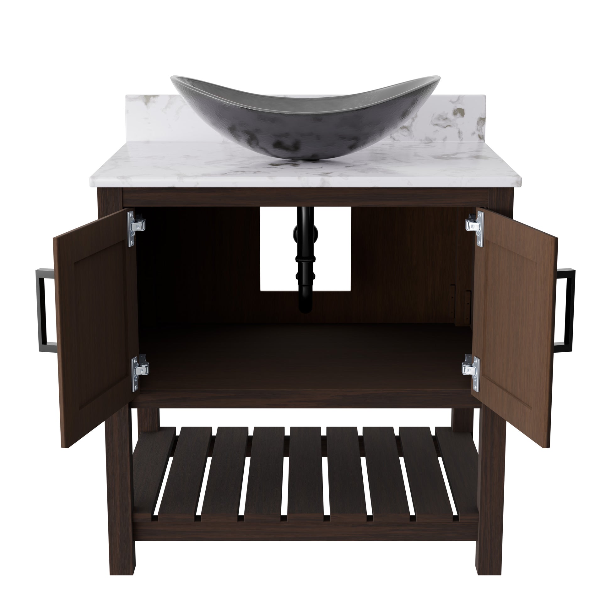 30-inch Novatto bath vanity with café mocha quartz countertop and integrated sink, featuring sleek modern design.