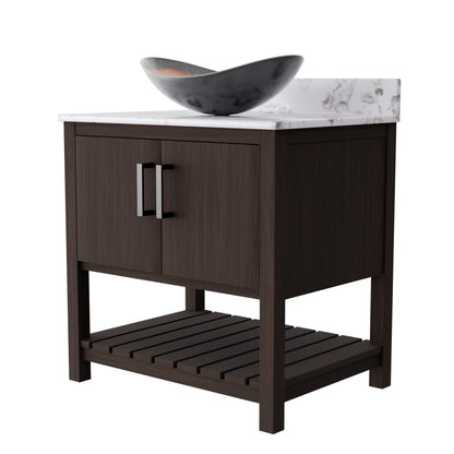 30-inch Novatto bath vanity with café mocha quartz countertop and integrated sink, showcasing sleek bathroom accessory design.