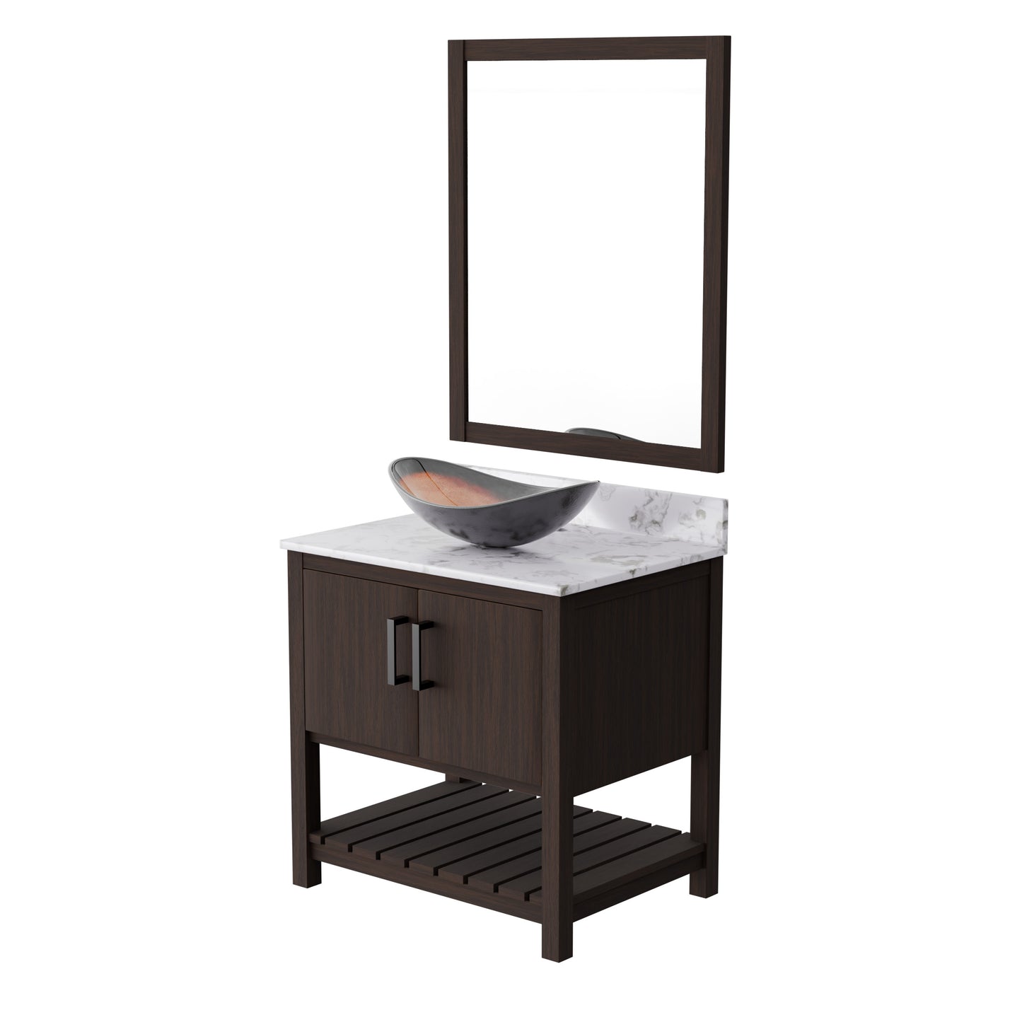 30-inch Novatto bathroom vanity with Café Mocha quartz counter and integrated sink, modern accessory for stylish bathroom decor.