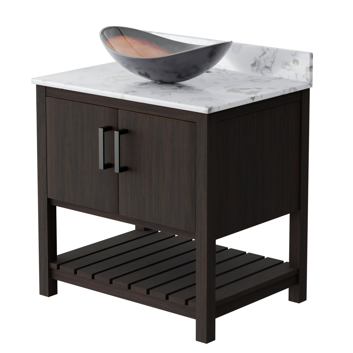30-inch Novatto bath vanity with café mocha quartz countertop and sink, showcasing a modern bathroom accessory.
