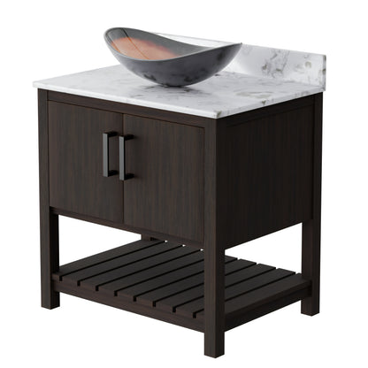 30-inch Novatto bath vanity with café mocha quartz countertop and sink, showcasing a modern bathroom accessory.