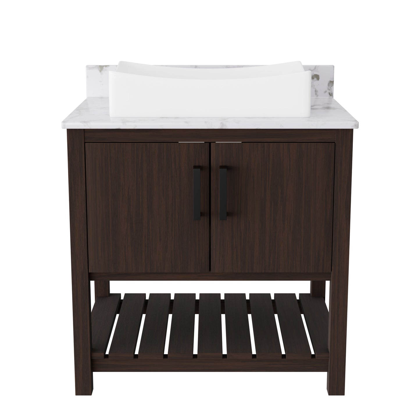 30-inch Novatto bath vanity with café mocha quartz countertop and integrated sink, modern bathroom accessory.
