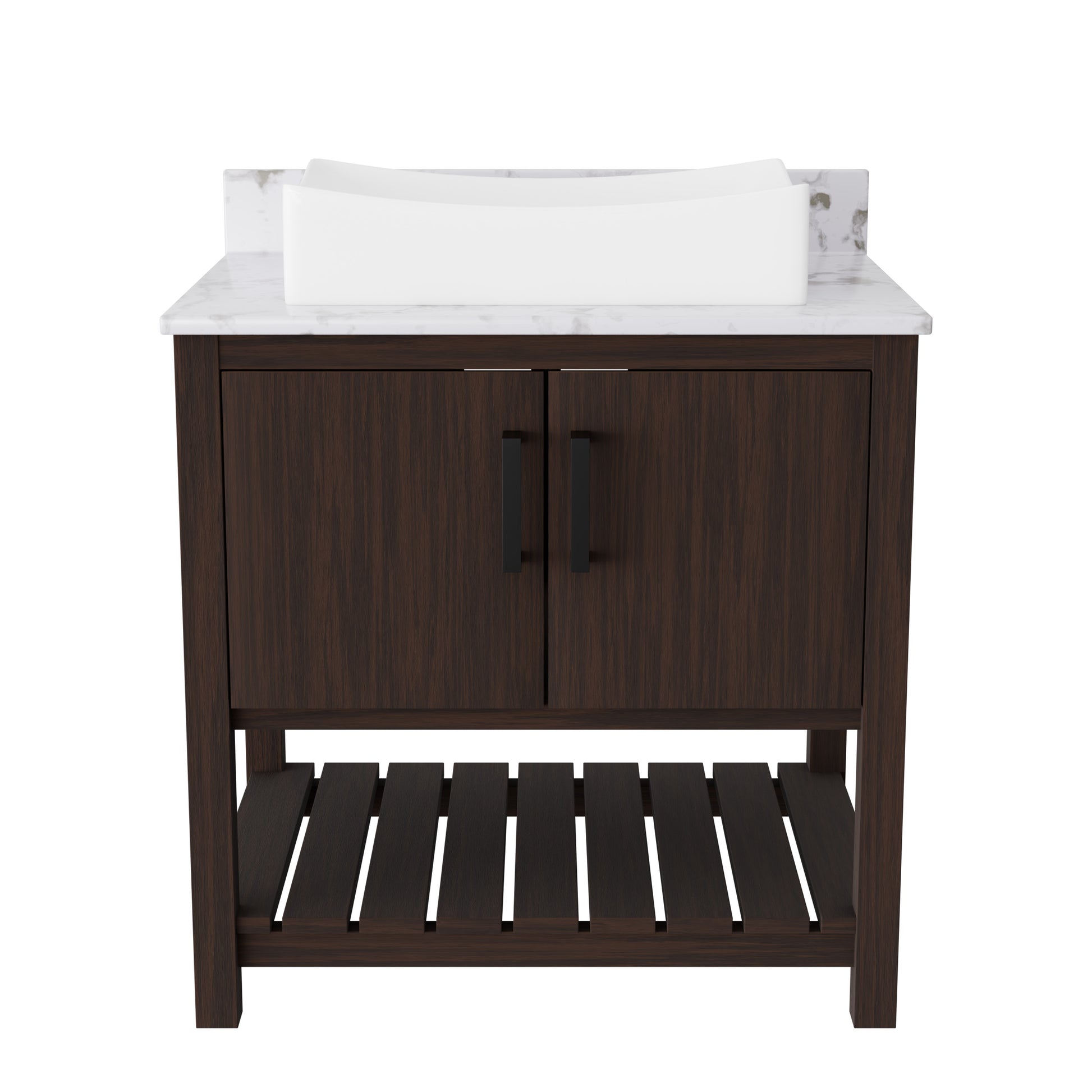 30-inch Novatto bath vanity with café mocha quartz countertop and integrated sink, modern bathroom accessory.