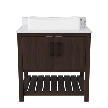 30-inch Novatto bath vanity with café mocha quartz countertop and integrated sink, modern bathroom accessory.