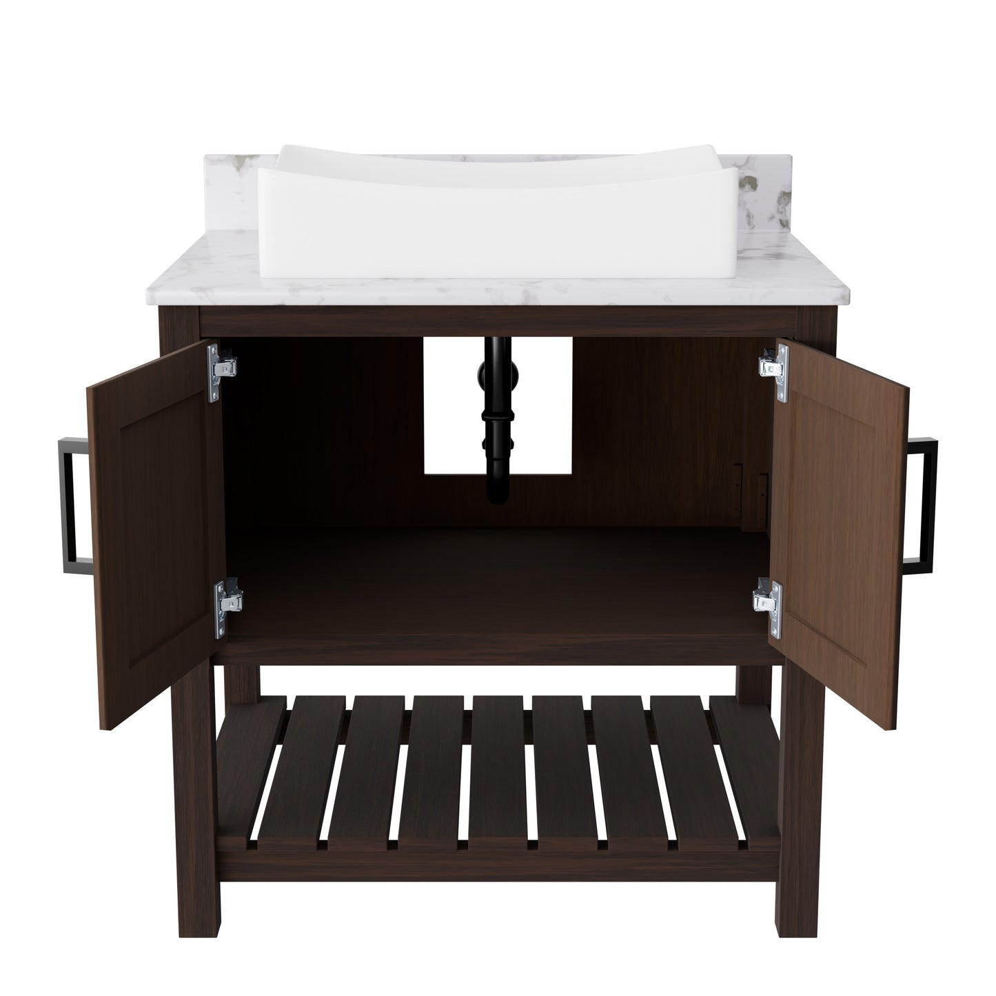 View of a 30-inch Novatto bath vanity featuring a Café Mocha quartz countertop and integrated sink, stylish bathroom accessory.