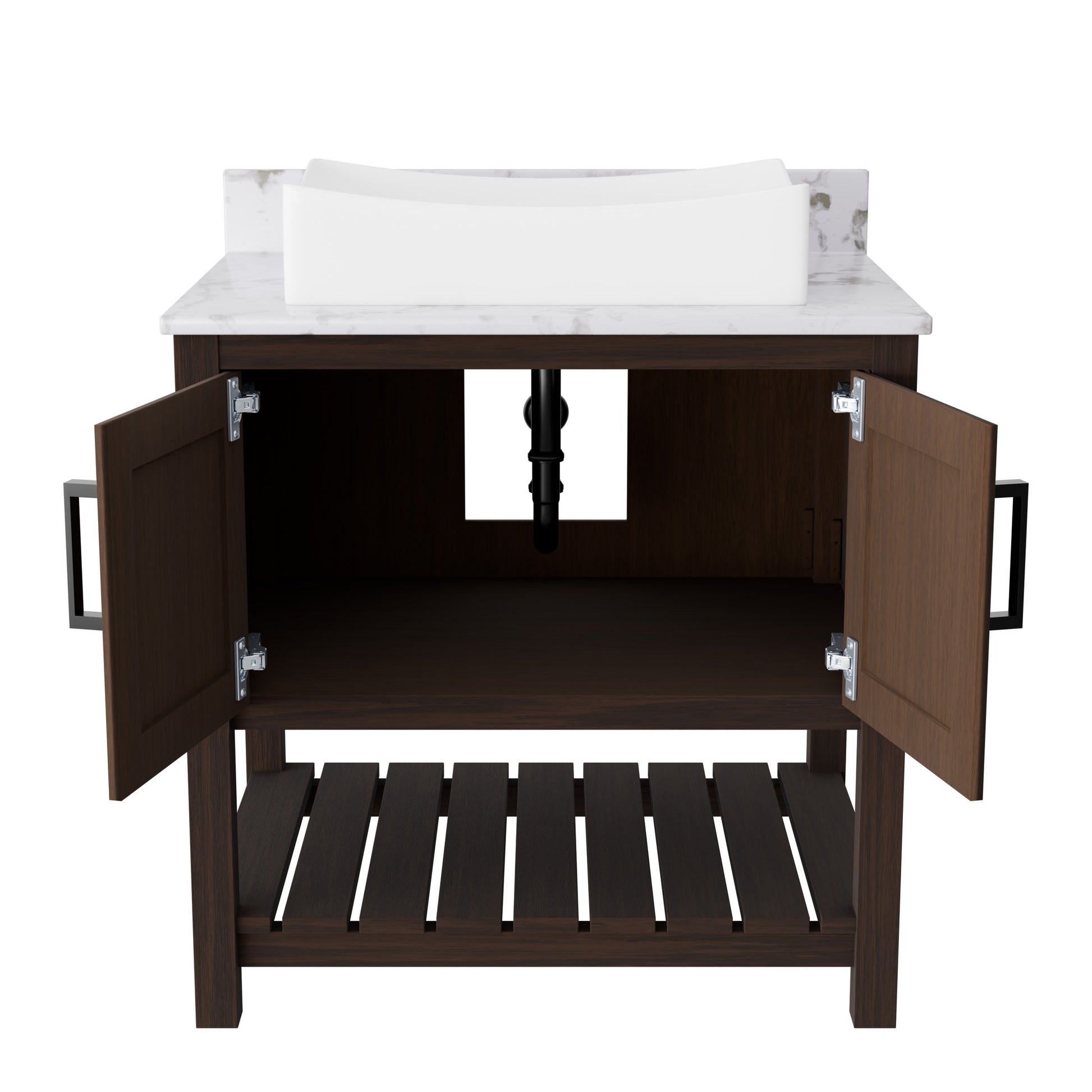 View of a 30-inch Novatto bath vanity featuring a Café Mocha quartz countertop and integrated sink, stylish bathroom accessory.