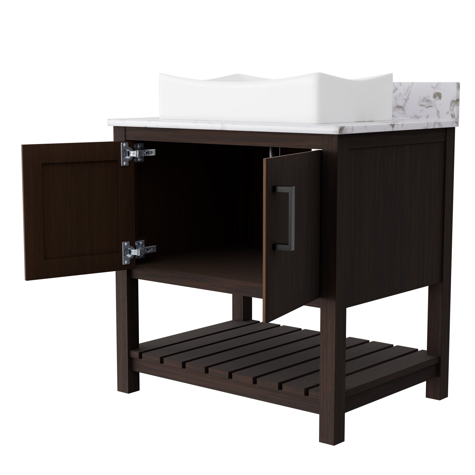 Novatto 30-inch bath vanity with café mocha quartz countertop and integrated sink, showcasing sleek bathroom accessory design.