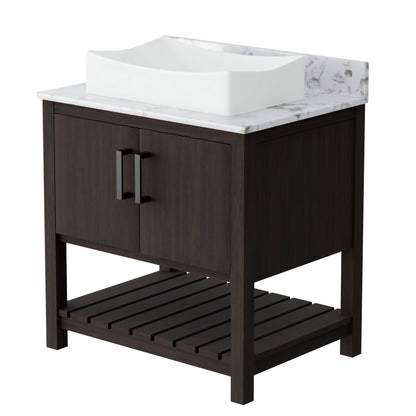 Novatto 30-inch bath vanity with café mocha quartz countertop and sink, featuring a modern bathroom accessory design.