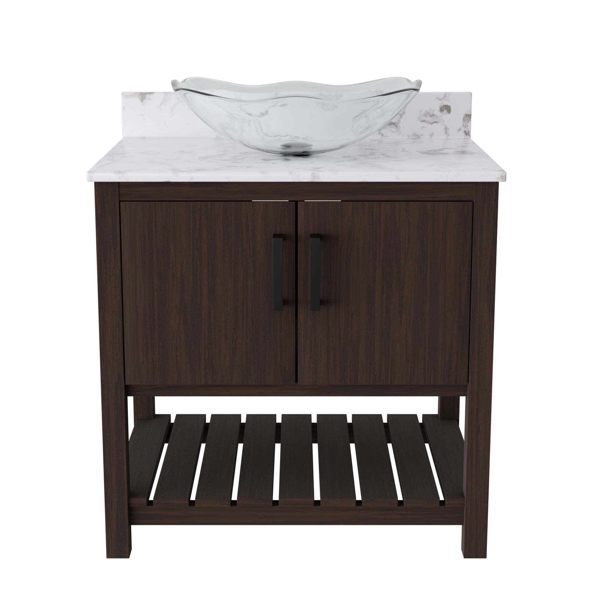 30-inch Novatto bath vanity with café mocha quartz countertop and sink, showcasing its elegant design and natural wood finish.
