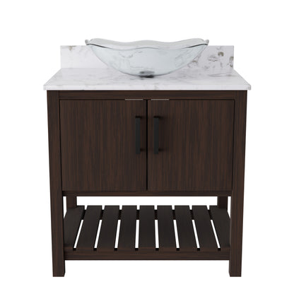 30-inch Novatto bath vanity with café mocha quartz countertop and sink, showcasing its elegant design and natural wood finish.