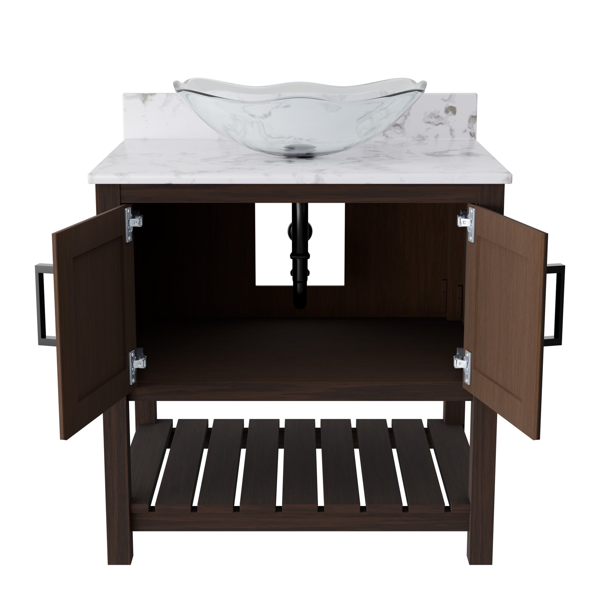 30-inch Novatto bath vanity with café mocha quartz countertop and integrated sink, featuring modern bathroom accessory design.