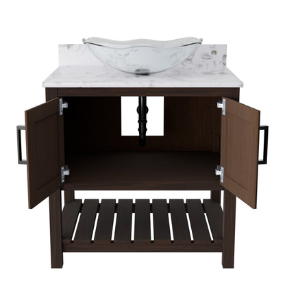 30-inch Novatto bath vanity with café mocha quartz countertop and integrated sink, featuring modern bathroom accessory design.