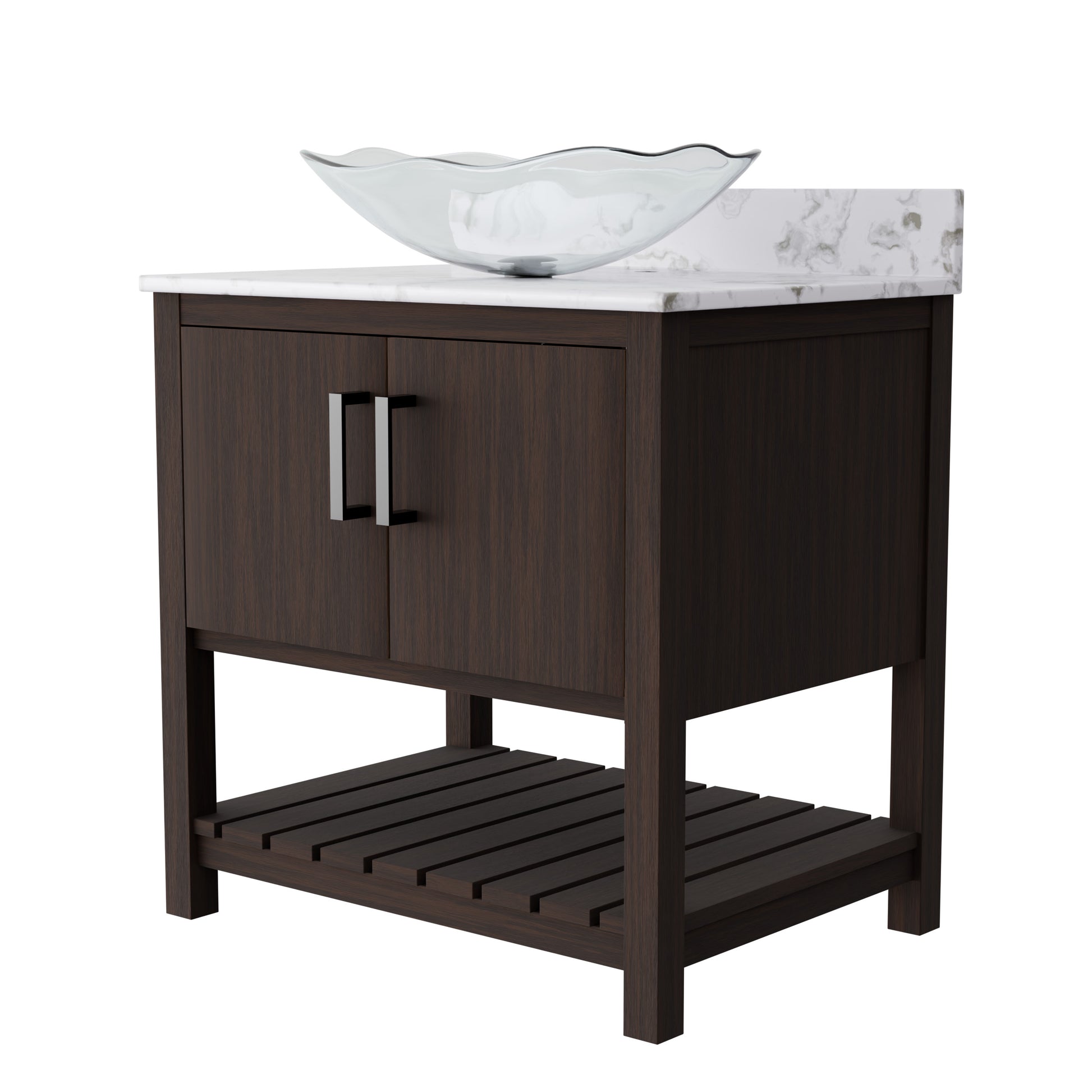 30-inch Novatto bath vanity with café mocha quartz countertop and integrated sink, showcasing a sleek bathroom accessory.