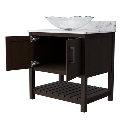 30-inch Novatto bath vanity with café mocha quartz countertop and sink, showcasing its sleek design and modern bathroom accessory.